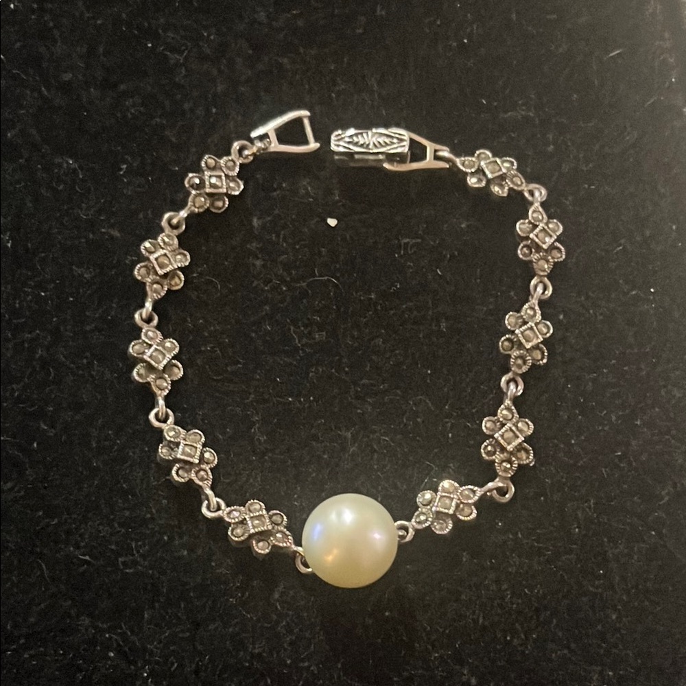 Sterling Silver Marcasite and Pearl Bracelet